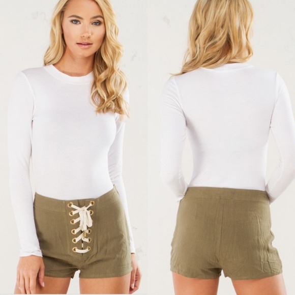 "Davna" Olive Linen Lace-Up High-waisted Shorts, M - Picture 3 of 6